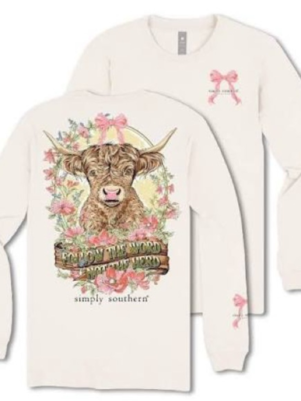 NWT Simply Southern Youth Small Highland Cow Floral Graphic Long Sleeve